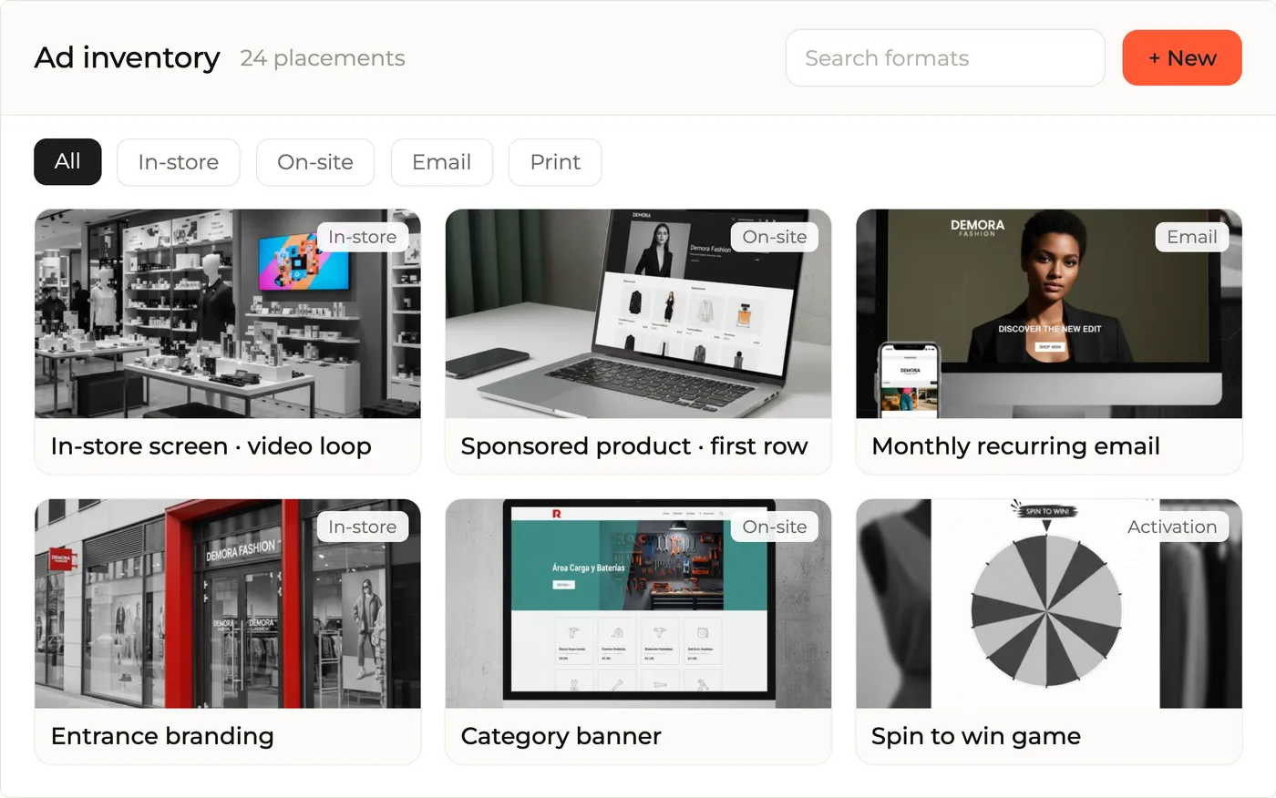Ad inventory catalogue with in-store, on-site, email and activation placements